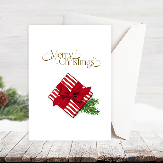 Christmas card with red gift box and bow on a white background. Gift with Bow Christmas Card