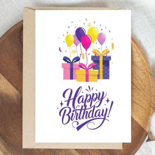 Birthday card with colorful balloons and presents on a wooden surface. Gifts & Balloons Birthday Card