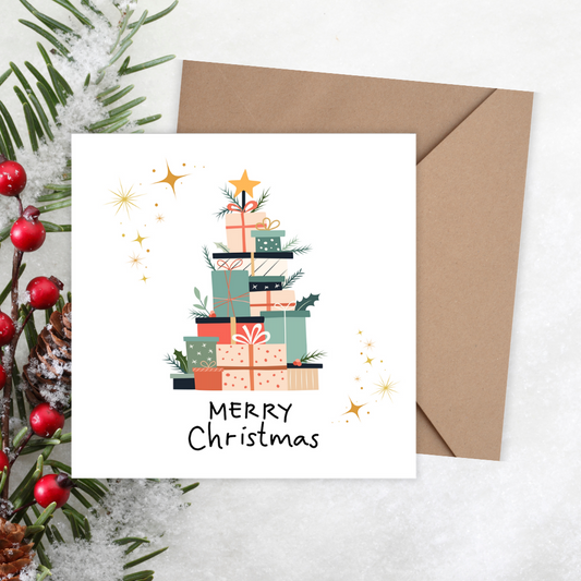 Christmas card with gift stack design and envelope on a snowy background, Gifts Tree Christmas Card
