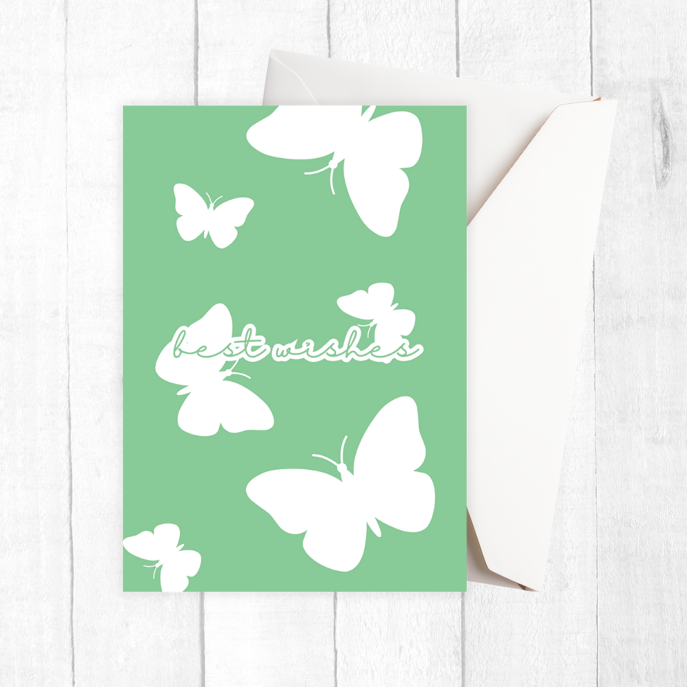 Green Butterflies Best Wishes Greeting Card with white butterflies and 'best wishes' text on a green background