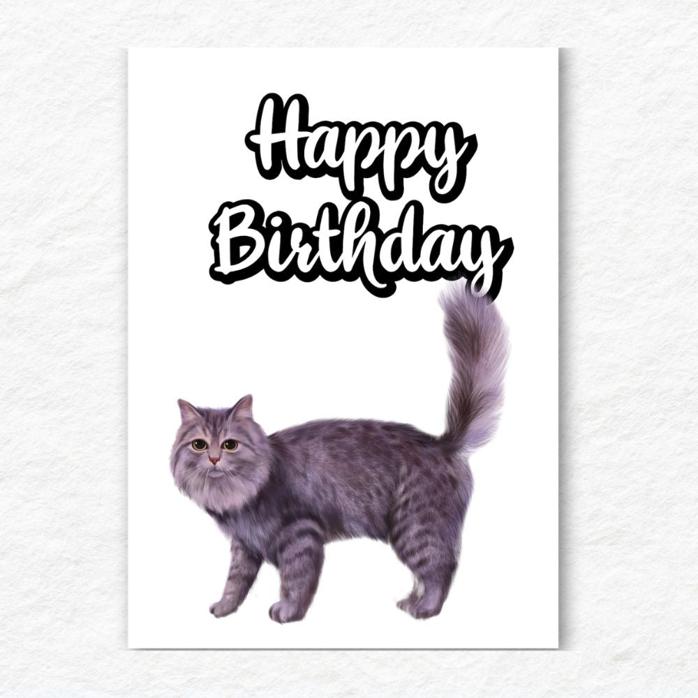 Cat illustration with 'Happy Birthday' text on a white background. Grey Cat Happy Birthday Card