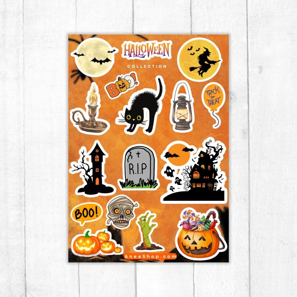Halloween-themed sticker collection on an orange background with various spooky illustrations.HALLOWEEN STICKER SHEET