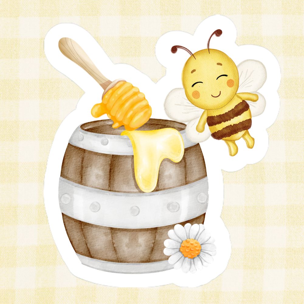 Illustration of a bee next to a honey jar with honey dripping out on a light yellow background.Honey Bee Sticker