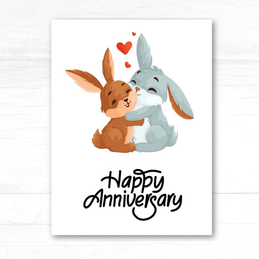 Illustration of two hugging bunnies with 'Happy Anniversary' text on a white background. Hugging Bunnies Anniversary Card