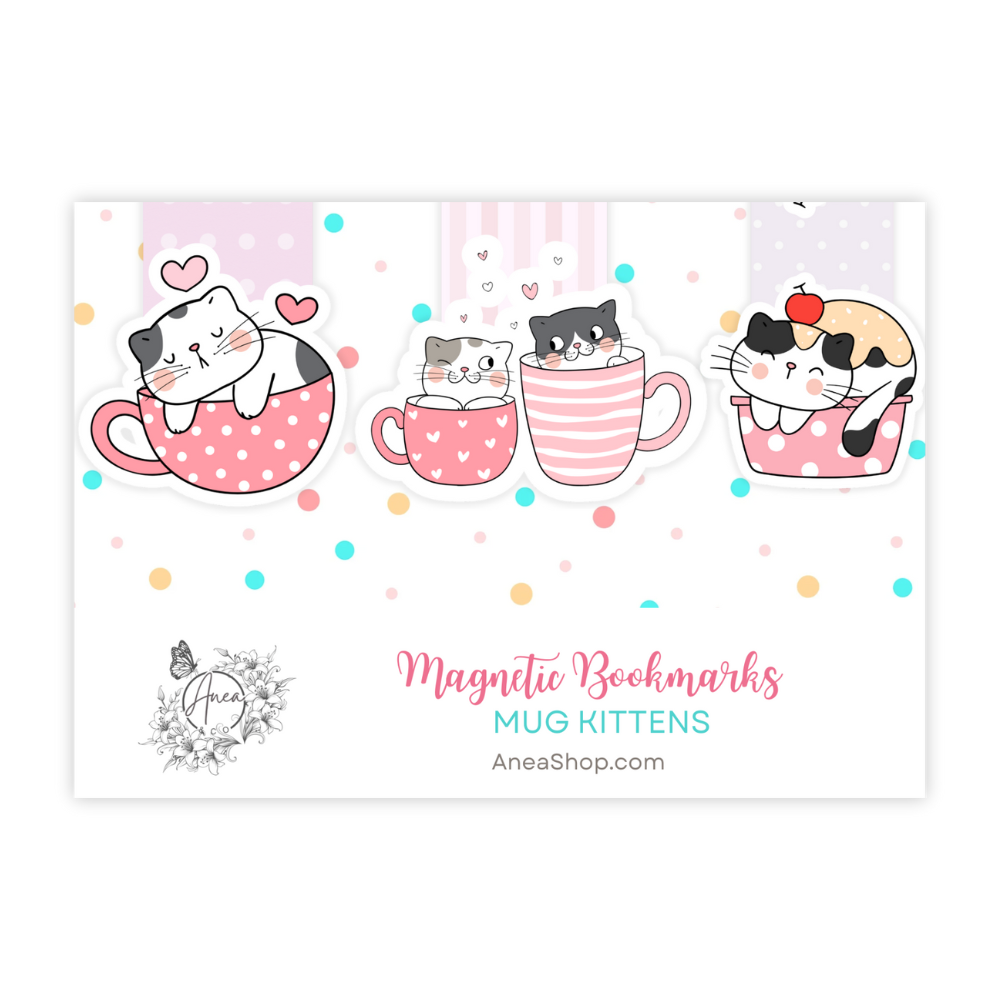 Magnetic bookmarks with cat designs in mugs on a white background. Kawaii Cats Magnetic Bookmark