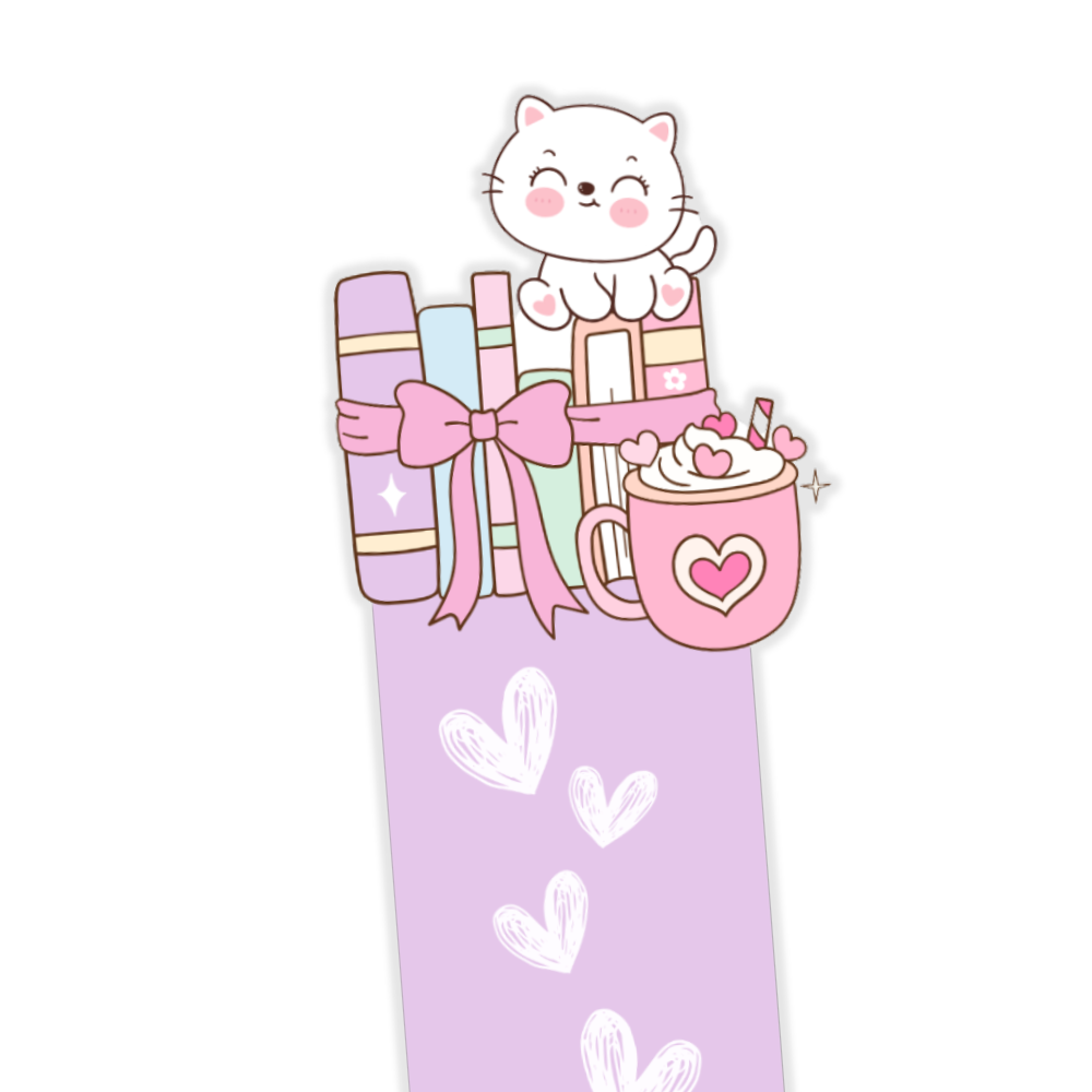 Cartoon cat with stationery items on a purple background. Kawaii Kitten Bookmark