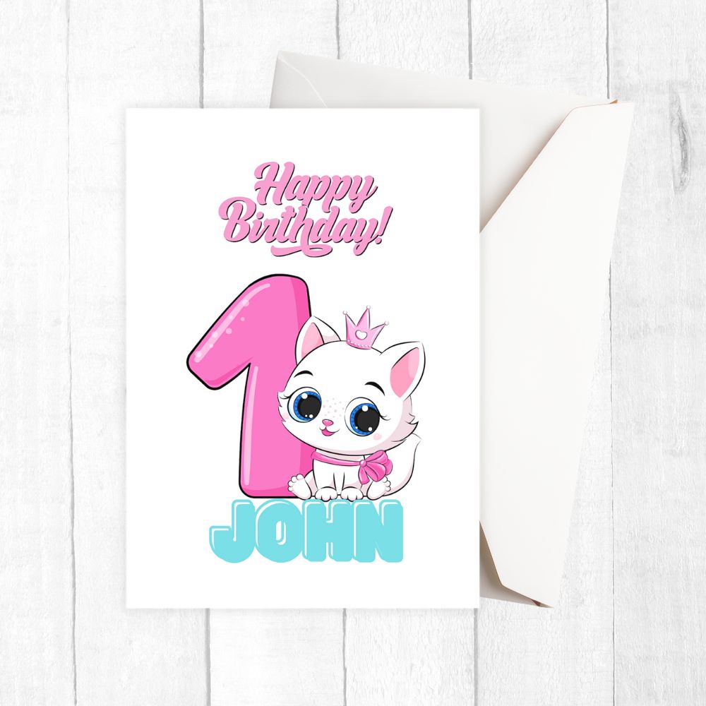 Happy Birthday card with a cartoon cat and pink number one on a white background