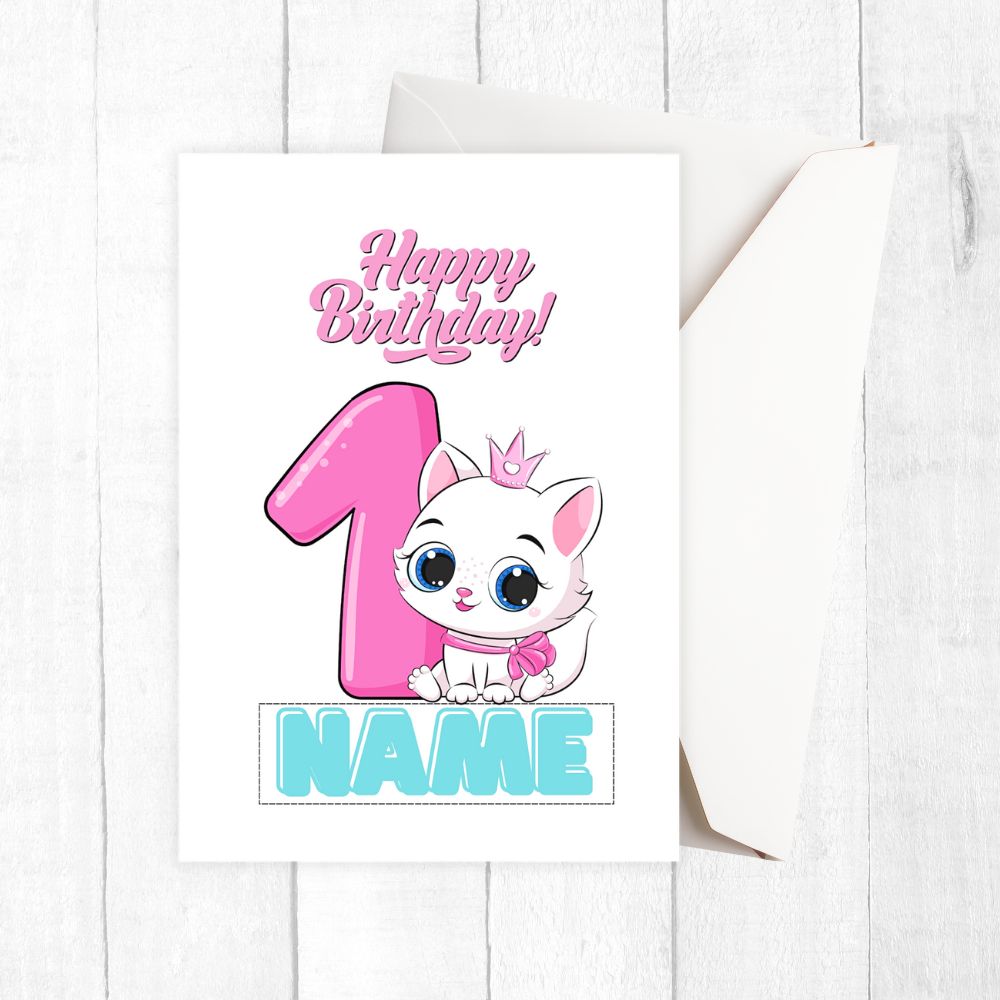 Happy Birthday card with a cartoon cat and customizable text on a white background