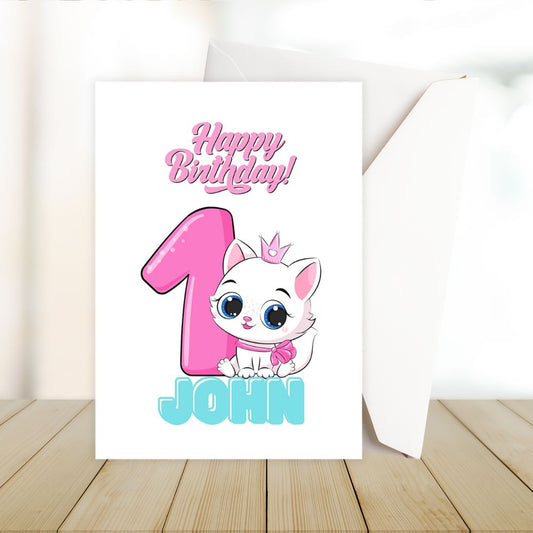 Happy Birthday card with a cartoon cat and number 1 on a white background