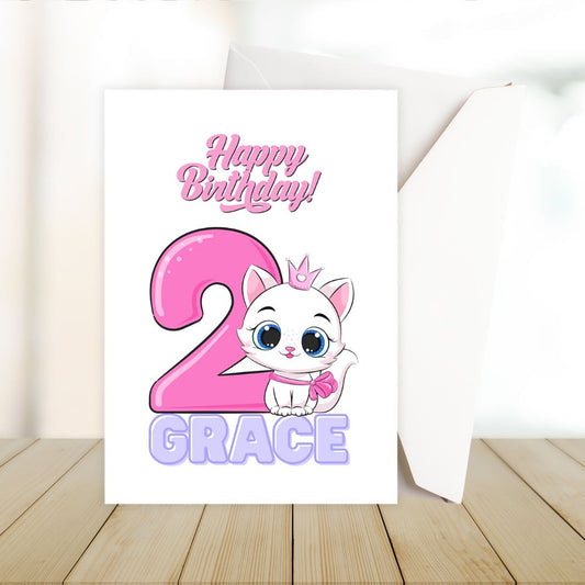 Birthday card with a cartoon cat and the number 2 on a white background. Kitten 2nd Birthday Personalised Card