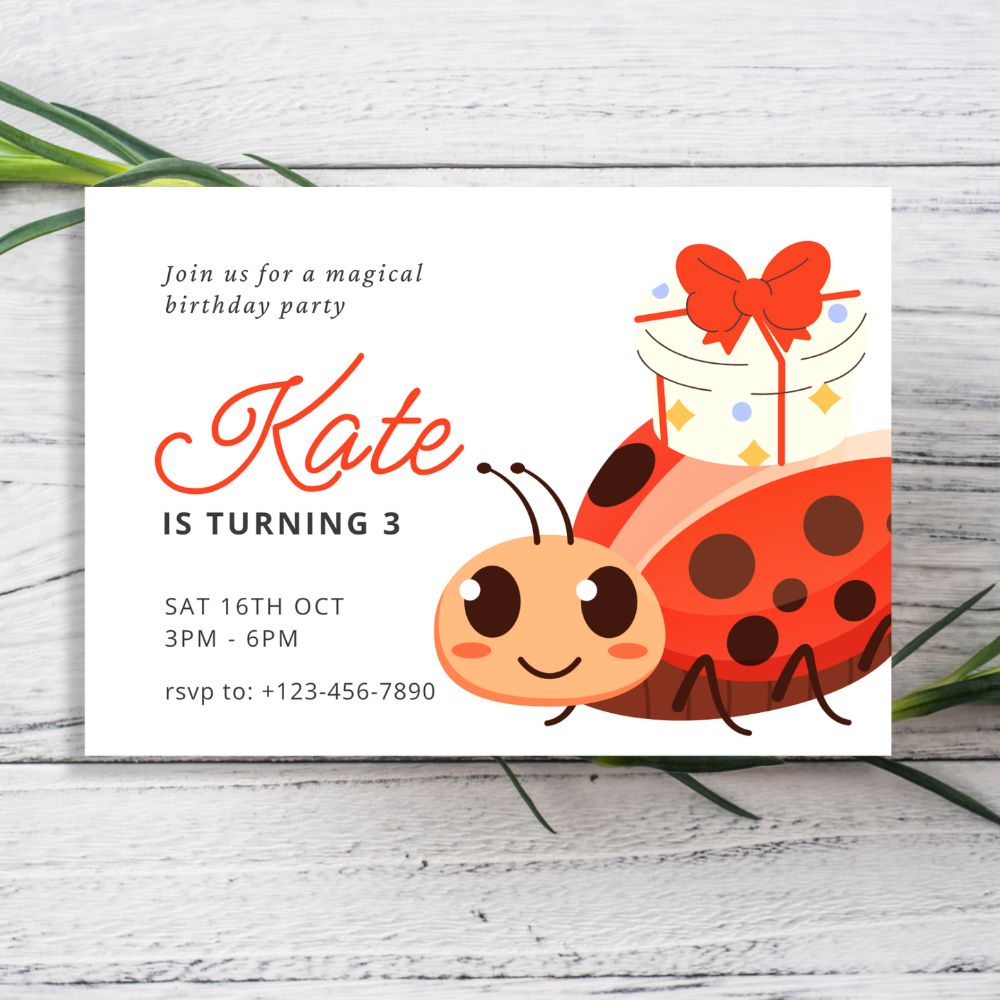 Birthday invitation card with a ladybug design on a wooden surface. LADYBUG PERSONALISED BIRTHDAY INVITATIONS