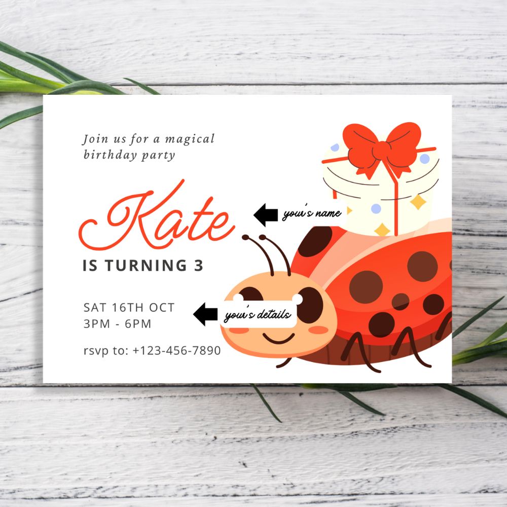 Birthday party invitation with a ladybug design on a wooden surface. LADYBUG PERSONALISED BIRTHDAY INVITATIONS