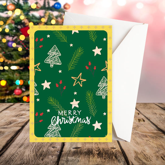 Christmas card with green background, trees, stars, and 'Merry Christmas' text on a wooden surface with blurred festive lights.Little Stars Christmas Card