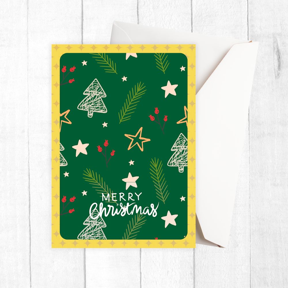 Christmas-themed card with trees, stars, and 'Merry Christmas' text on a green background.Little Stars Christmas Card