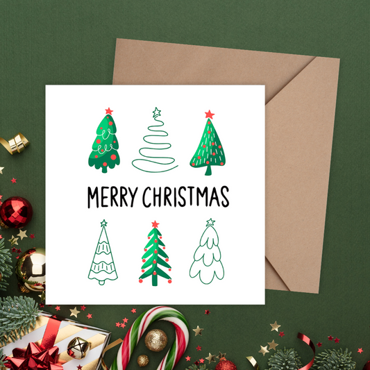 Christmas card with trees and 'Merry Christmas' text on a green background. Little Trees Christmas Card