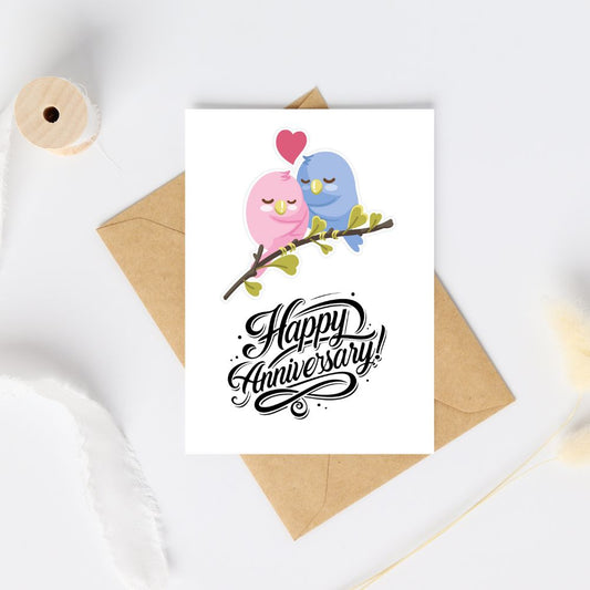 Greeting card with two birds and 'Happy Anniversary!' text on a white background. Love Birds Anniversary Card