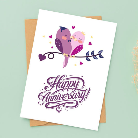 Greeting card with two birds hugging and 'Happy Anniversary!' text on a light green background. Love Birds II Anniversary Card