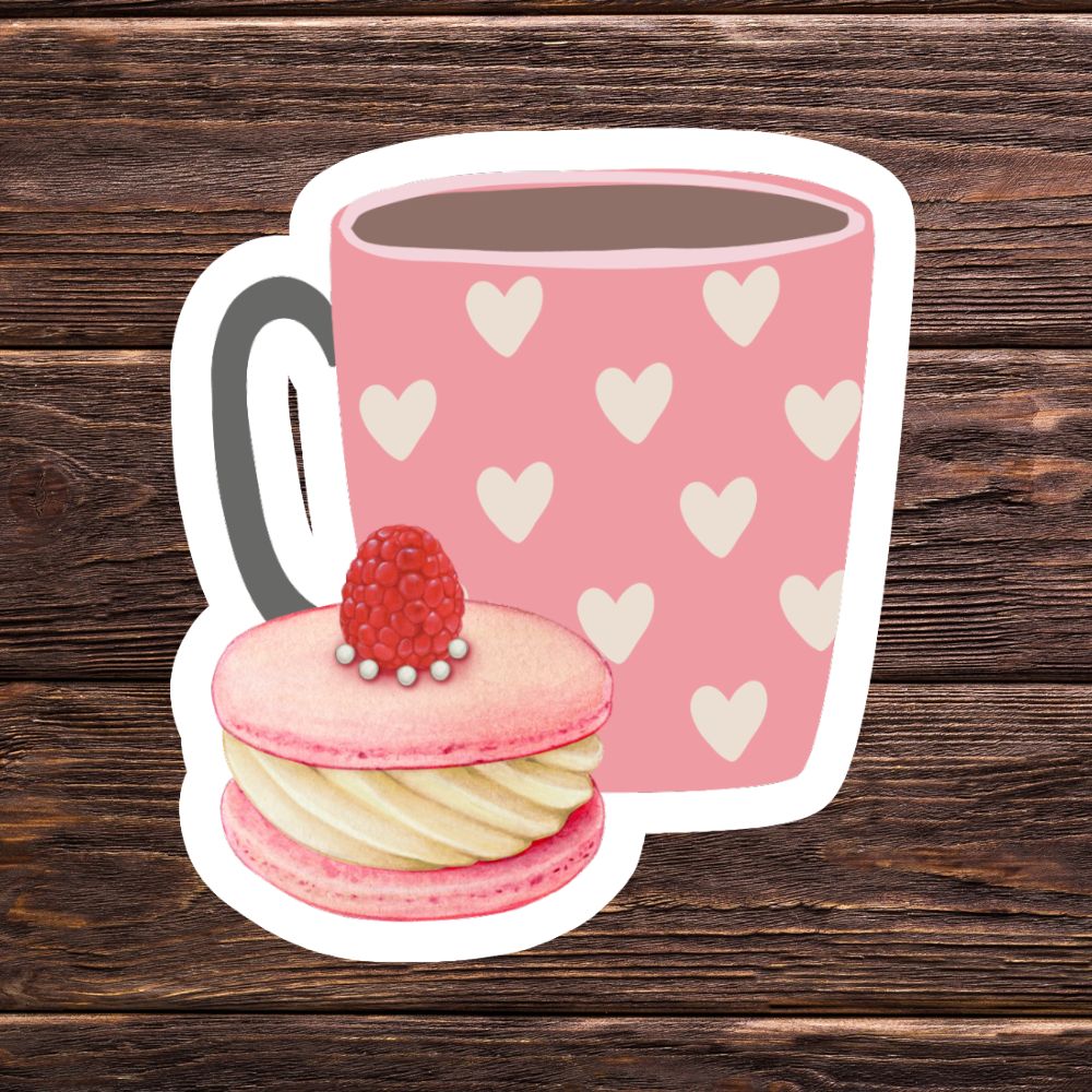 Pink mug with heart pattern and pink macaron on a wooden background. Love Coffee Cupcake Sticker.