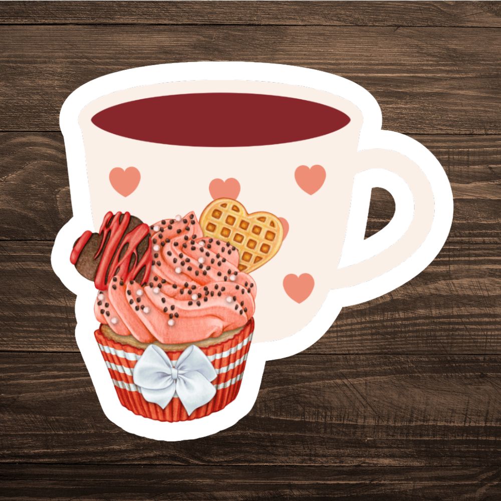 Illustration of a cup with a dessert inside on a wooden background. Love Cupcake heart Sticker