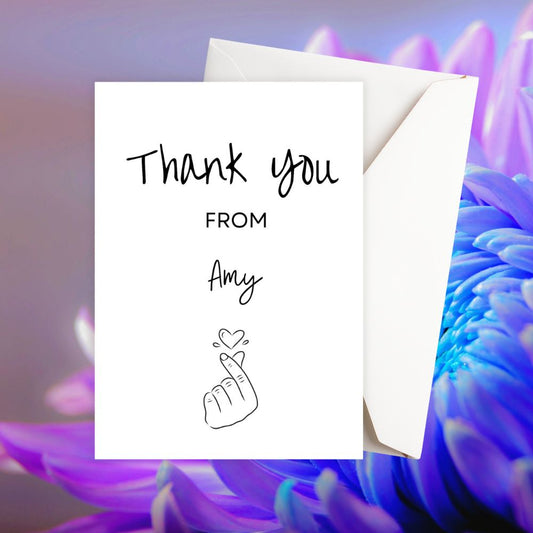 Greeting card with 'Thank you from Amy' text on a colorful floral background. Love Thank You Personalised Card