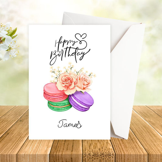 Personalised Birthday card with colorful macarons and flowers on a wooden surface