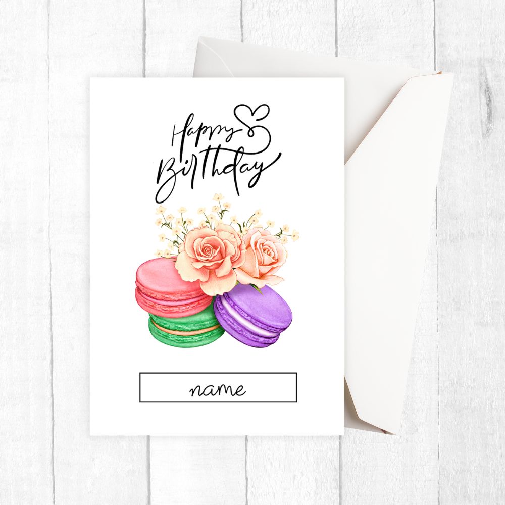 Personalised Birthday card with colorful macarons and flowers on a white background