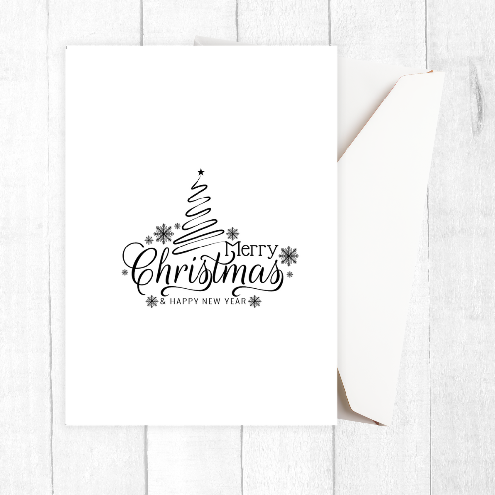 Framed artwork with 'Merry Christmas' and 'Happy New Year' text on a white wall.Minimalist Christmas Card
