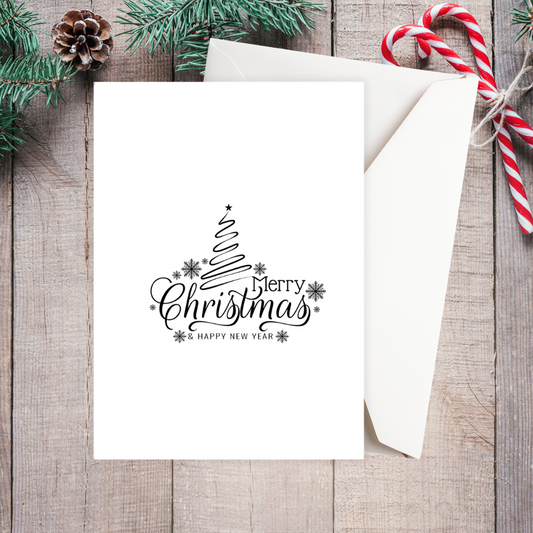 Christmas card with 'Merry Christmas & Happy New Year' text on a wooden surface with candy canes and pine cones.Minimalist Christmas Card