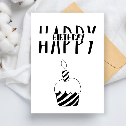Birthday card with black text and cupcake illustration on a white background. Minimalist Cupcake Birthday Card