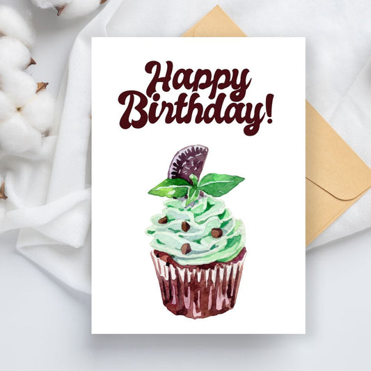 Birthday card with a cupcake illustration and 'Happy Birthday!' text on a white background. Mint Chocolate Birthday Card
