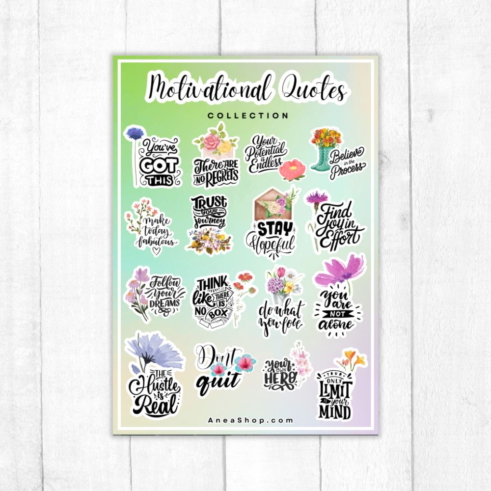 Motivational quote stickers on a light green background with a white wooden surface.Motivational Quotes Sticker Sheet