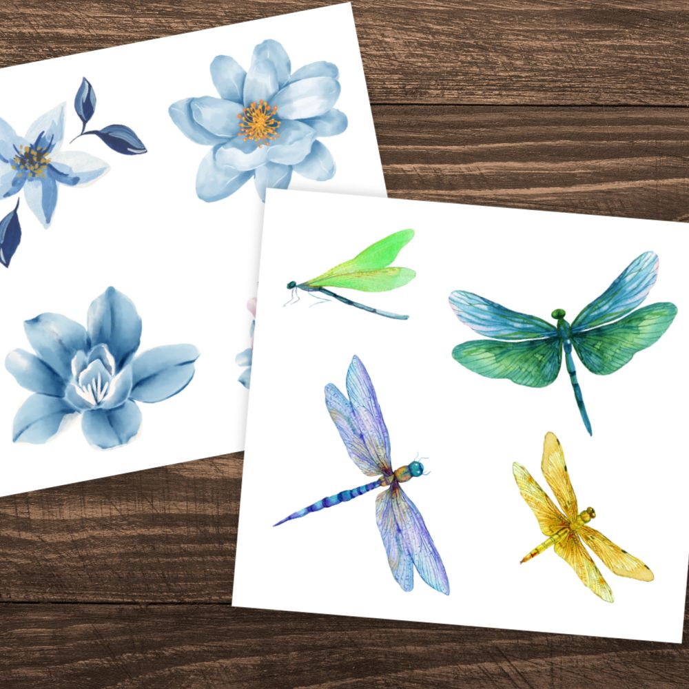 Two sheets of temporary tattoos featuring blue flowers and colorful dragonflies on a wooden surface.NATURE STICKER BOOK