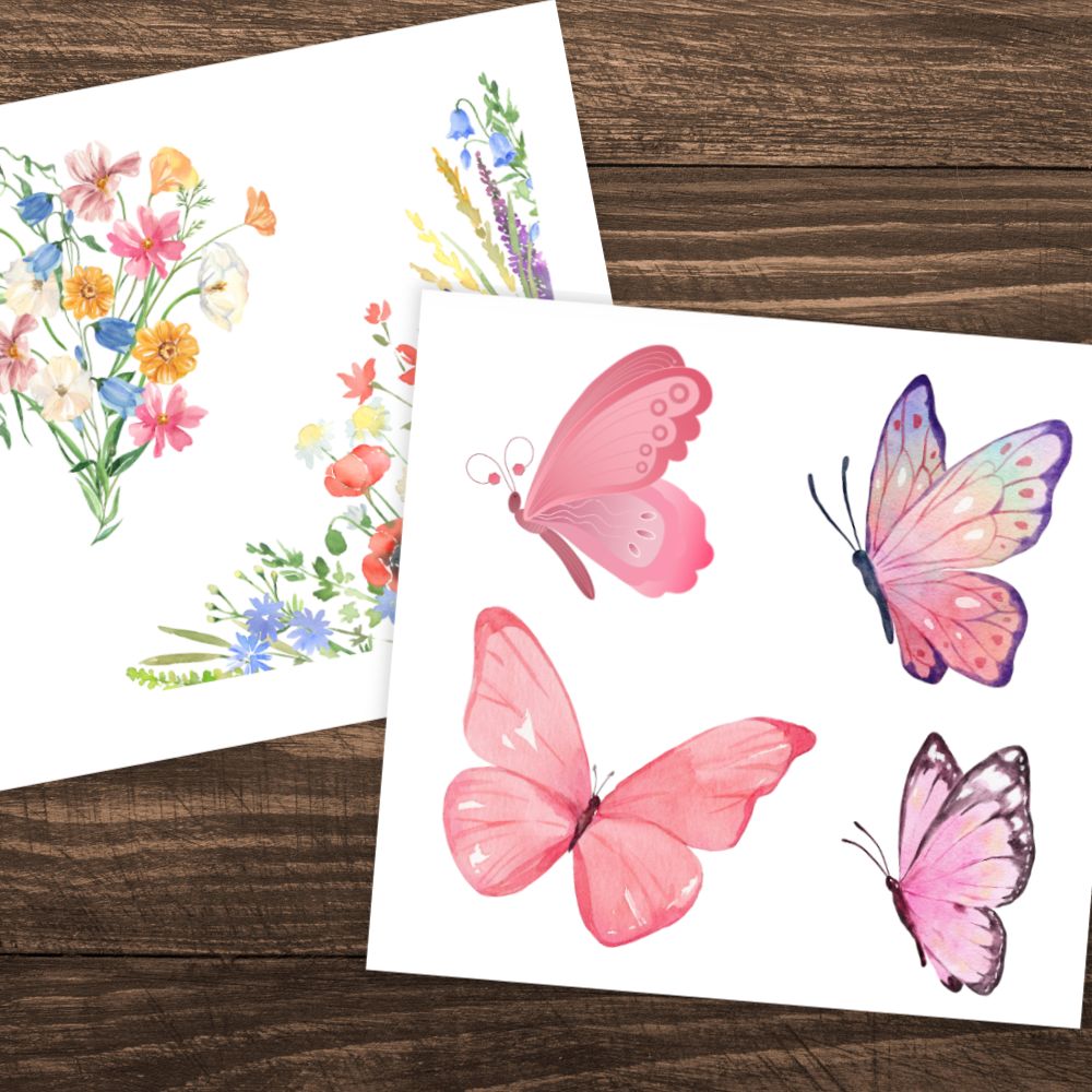 Two sheets of paper with floral and butterfly designs on a wooden surface. NATURE STICKER BOOK