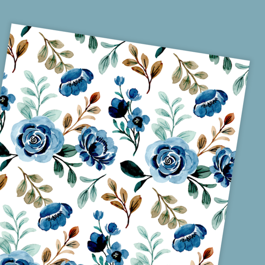 Floral pattern with blue flowers and green leaves on a white background. Navy Flowers Happy Birthday Card