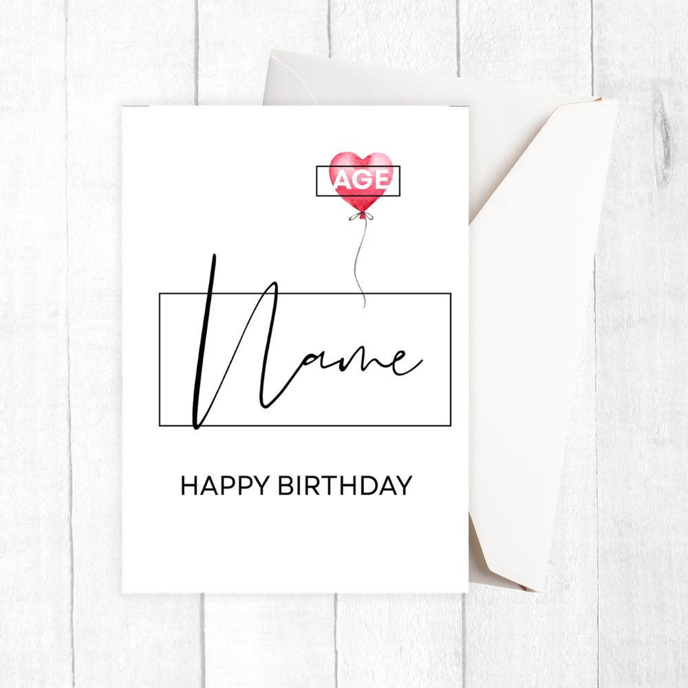 Personalized birthday card with a heart-shaped balloon and customizable text on a white background