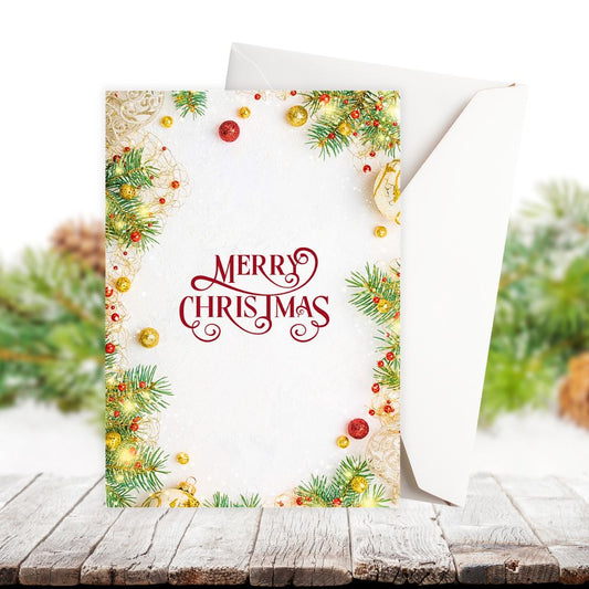 Christmas card with decorative border and 'Merry Christmas' text on a wooden surface.Ornaments Christmas Card