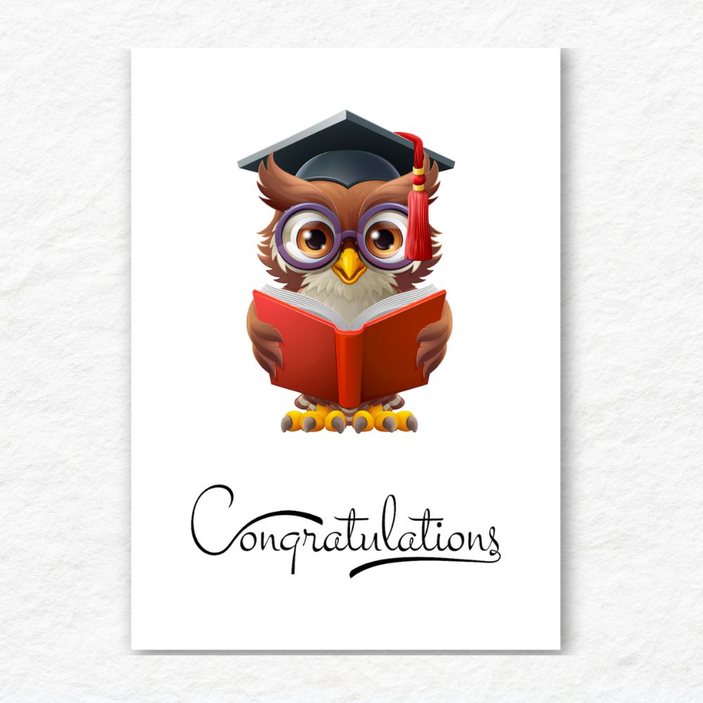 Graduation-themed card with an owl wearing a cap and holding a book, on a white background. Owl Reading Congratulations Graduation Card