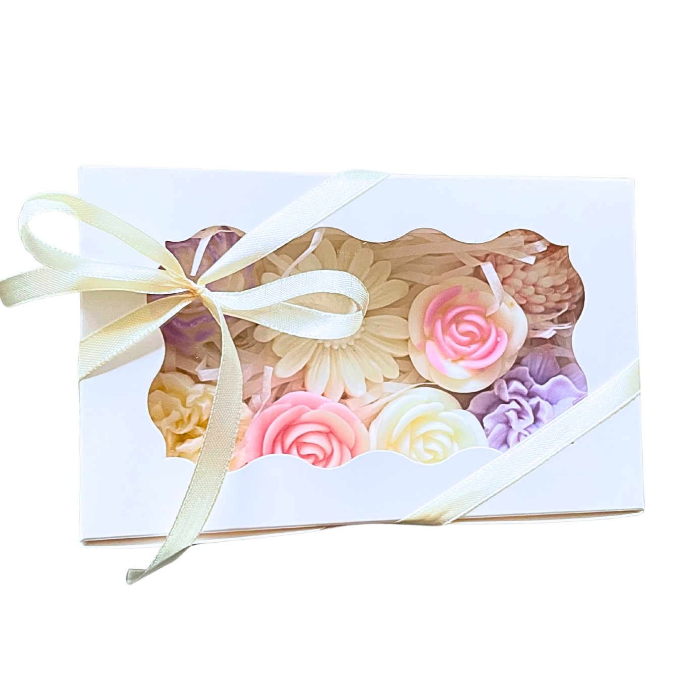 Decorative box with floral designs and a ribbon on a white background. PASTEL FLOWERS GARDEN WAX MELTS GIFT BOX