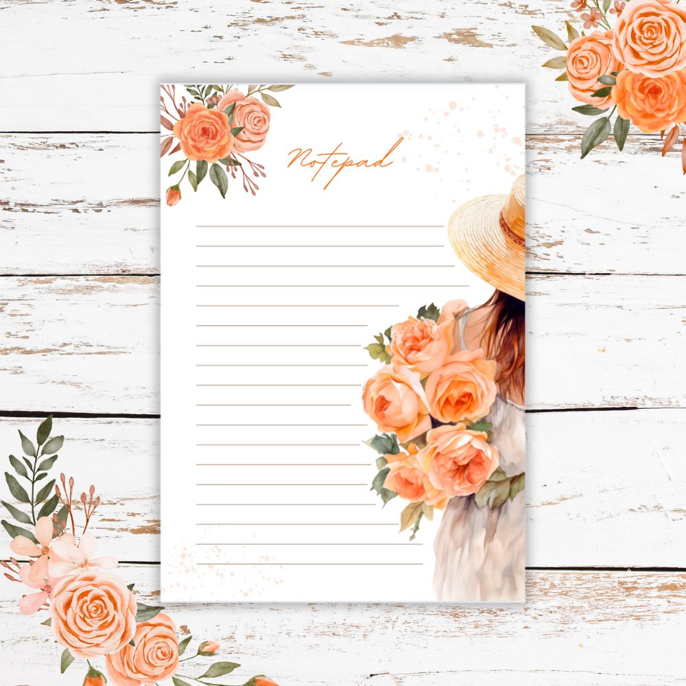 Peach Roses girl-themed A6 notepad with 50 matte pages and elegant floral design.PEACH ROSES DESIGN A6 NOTEPAD
