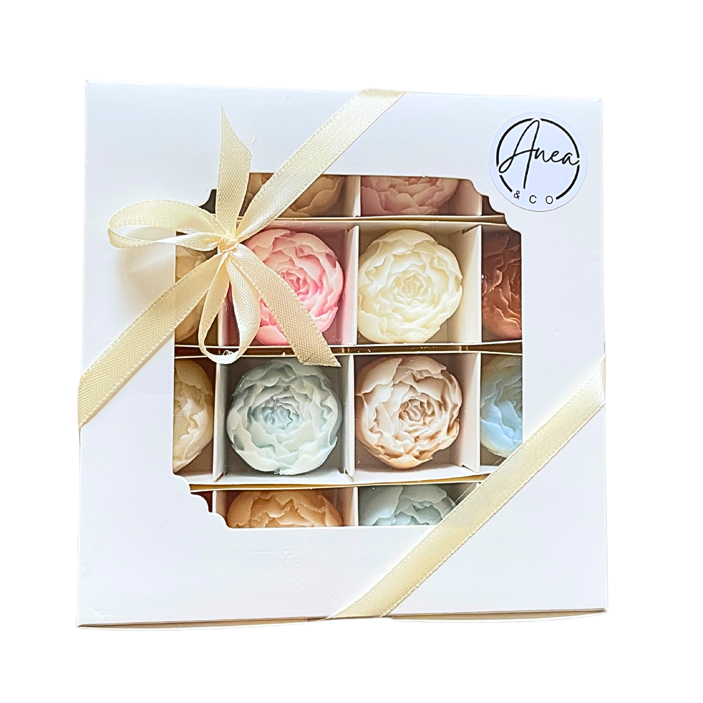 Set of floral soap bars in a decorative box with a bow, featuring the brand 'Anea & Co'.PEONIES WAX MELTS GIFT BOX