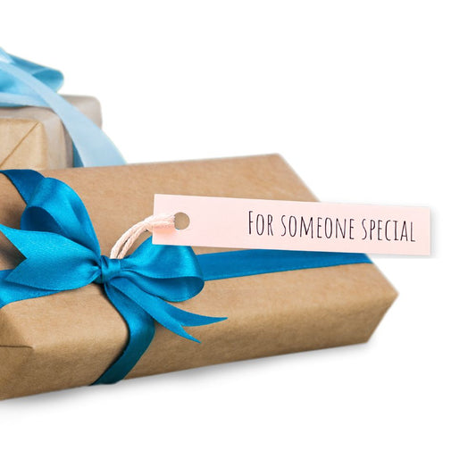Gift wrapped in brown paper with a blue ribbon and 'For Someone Special' tag on a white background. PERSONALISED PASTEL SLIM GIFT TAG SET