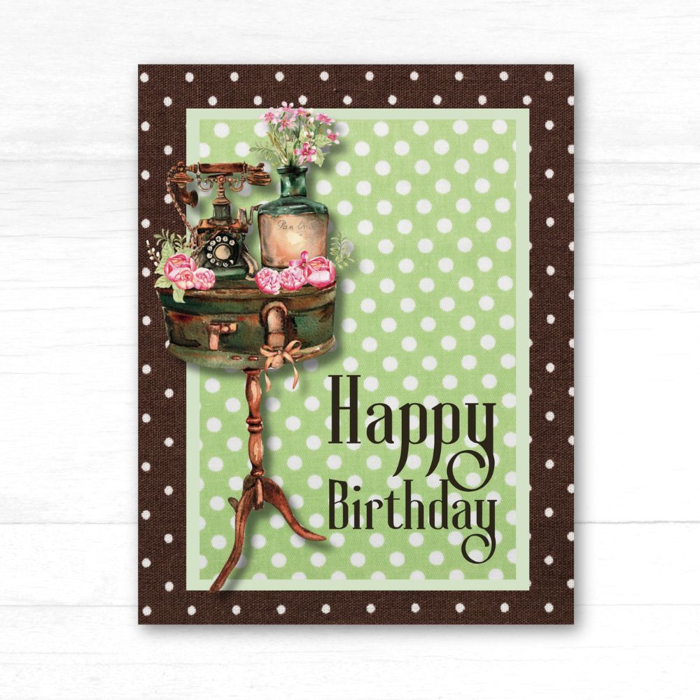 Vintage-style birthday card with a polka dot border and decorative elements on a white background. Phone Vintage Happy Birthday Card