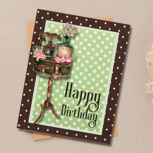 Birthday card with decorative elements and 'Happy Birthday' text on a polka dot background. Phone Vintage Happy Birthday Card