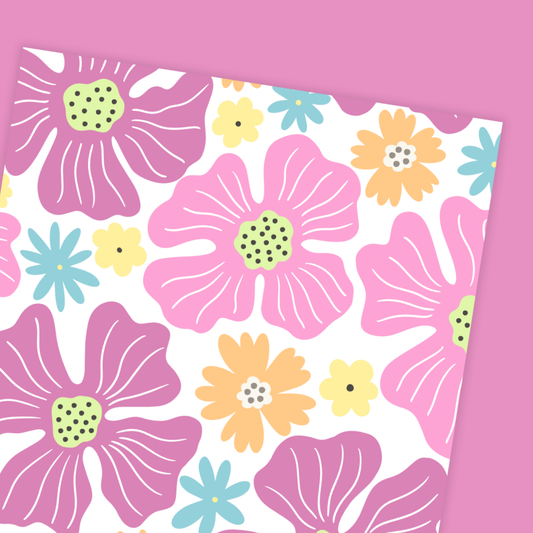 Floral pattern with pink, yellow, and blue flowers on a white background. Pink Flowers Birthday Card
