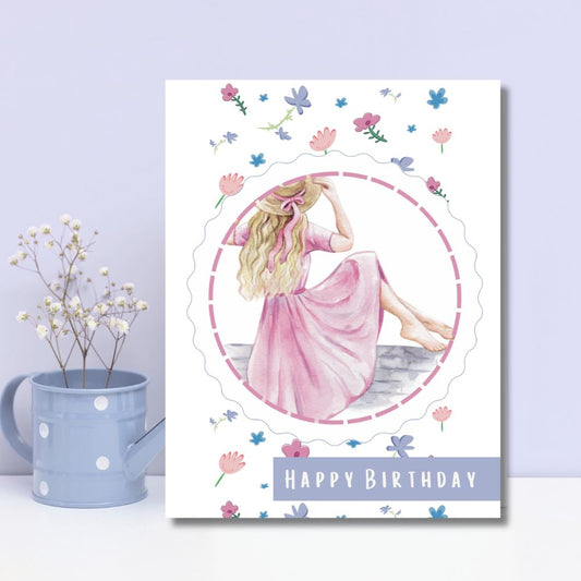 Birthday card with a woman in a pink dress and flowers on a white background. Pink Girl Happy Birthday Card