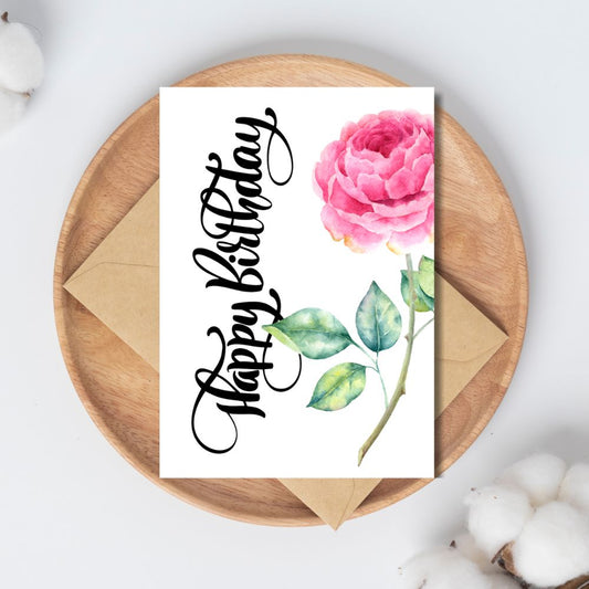 Pink Rose Happy Birthday Card