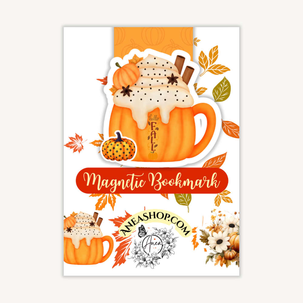 Pumpkin spice latte-themed magnetic bookmark with decorative elements on a white background. Pumpkin Spice Magnetic Bookmark