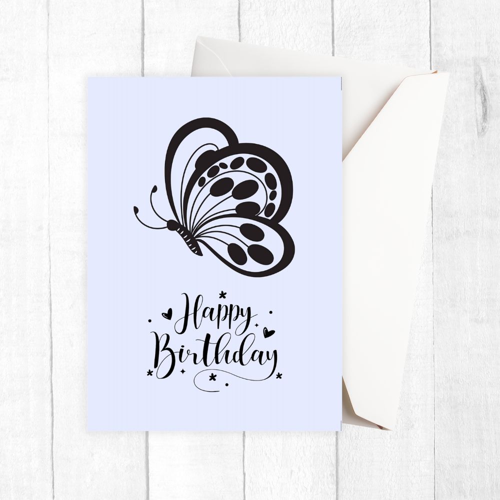 Greeting card with butterfly design and 'Happy Birthday' text on a white background. Purple Butterfly Happy Birthday Card