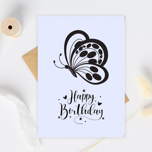 Greeting card with a black butterfly design and 'Happy Birthday' text on a light purple background. Purple Butterfly Happy Birthday Card