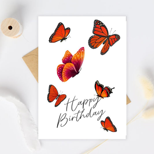 Birthday card with orange butterflies and 'Happy Birthday' text on a white background. Red Butterflies Happy Birthday Card